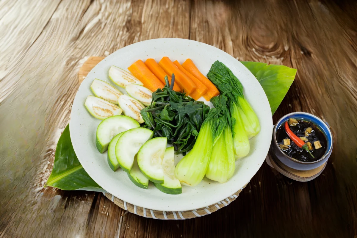 Boiled Vegetables with Vegetarian Kho Quet Dip